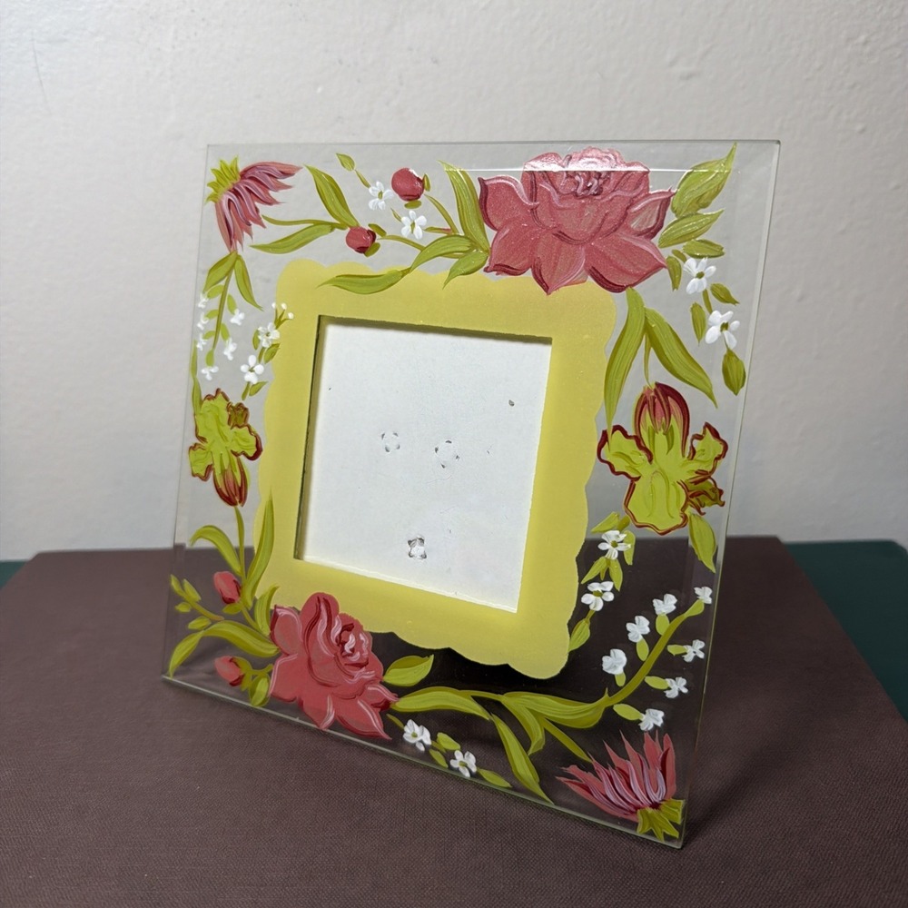 Hand Painted Mackenzie Childs Style Pink Floral Glass Table Top Picture Frame